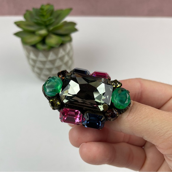 Miriam Haskell 2016 Colorful Green Pink Gold Rhinestone Statement Ring Jewelry - Picture 3 of 10